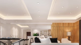 Plafond tendu blanc mat installé dans un salon moderne